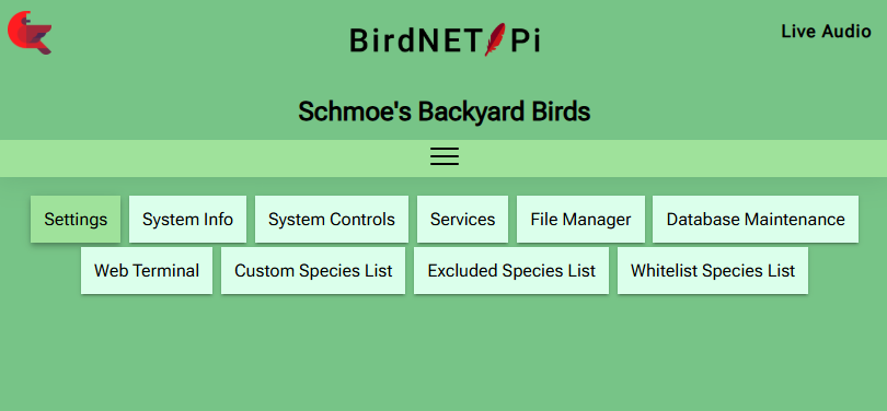 BirdNET-Pi Settings Navigation