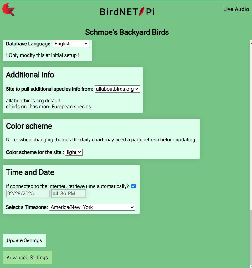BirdNET-Pi Basic Settings