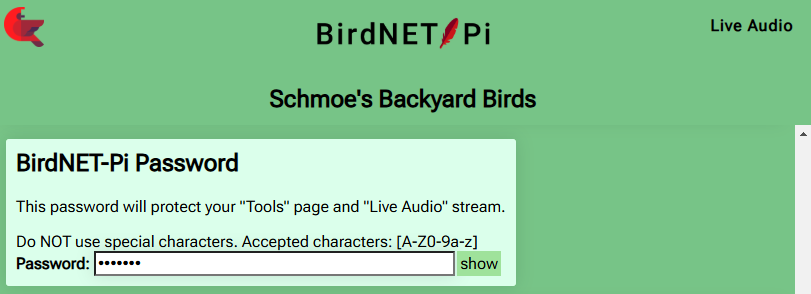 BirdNET-Pi Password Setting
